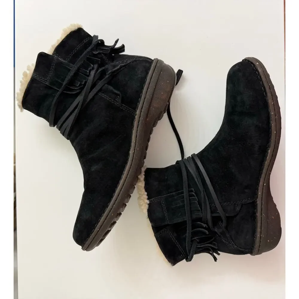 UGG Gaviota Boots Suede Fringe Shearling Wrap Ties Black Sz 9 Casual Boho Cozy - Picture 6 of 9